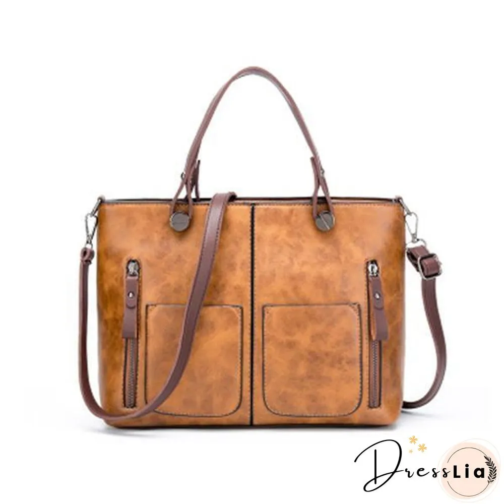 Women Oil Wax Leather Tote Bag Retro Shoulder Bags Handbags