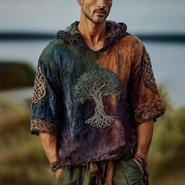 Men's Viking Inspired  Tree Of Life With Celtic Knot Art Linen Short Sleeve Hooded T-shirt