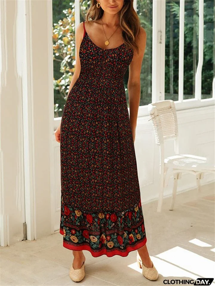 All-Over Floral Print Fitted Waist Pullover Pleated Detailing Spaghetti Strap Dress