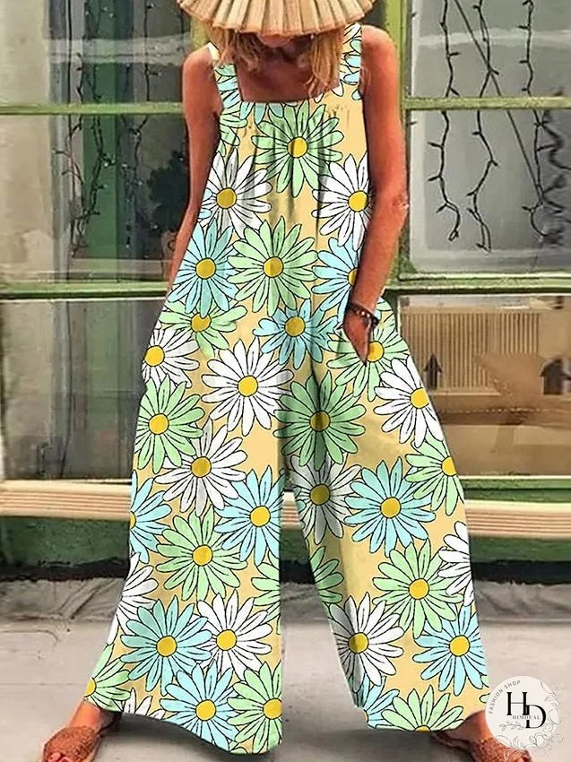 Women's Jumpsuit Print Floral Square Neck Casual Daily Regular Fit Sleeveless Spring / Plus Size