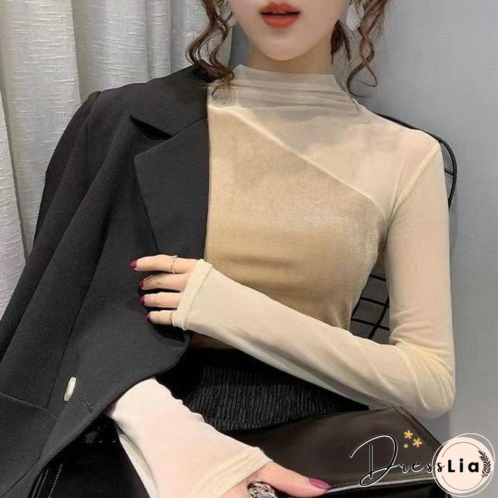 Sexy Mesh Joint Velvet Shirt