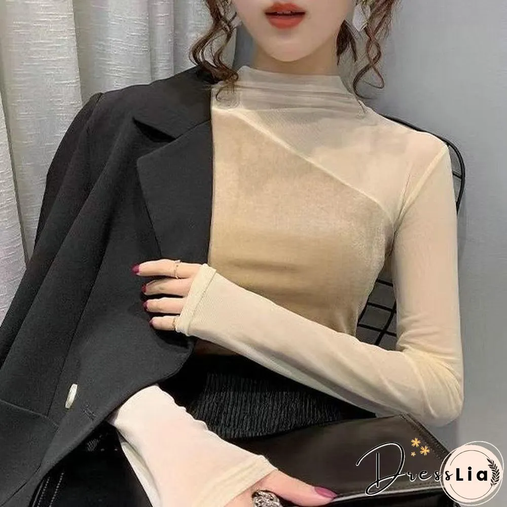 Sexy Mesh Joint Velvet Shirt