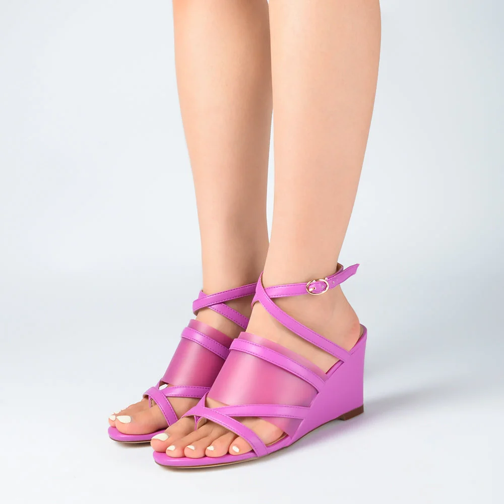 Lilac Thong Sandals Ankle Strap Comfort Leather Wedge Heels