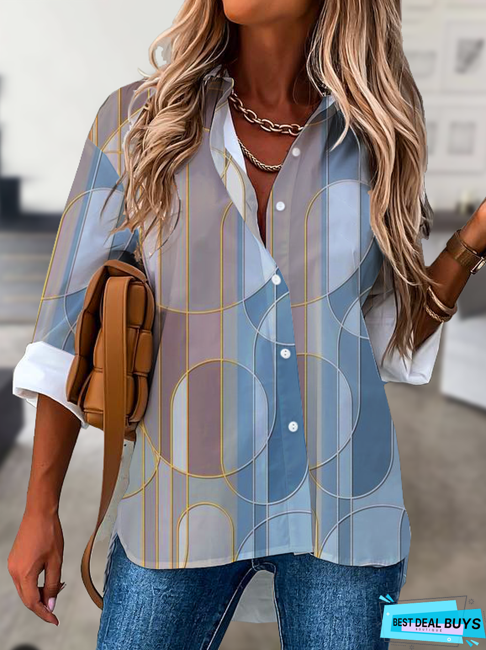 Casual Geometric Shirt Collar Blouse