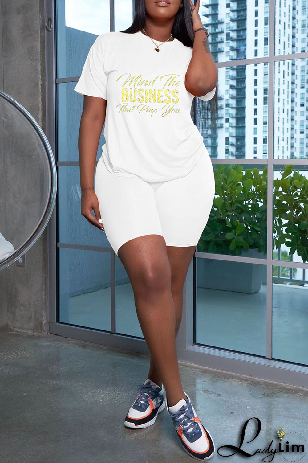 Black Fashion Casual Letter Print Basic O Neck Short Sleeve Two Pieces