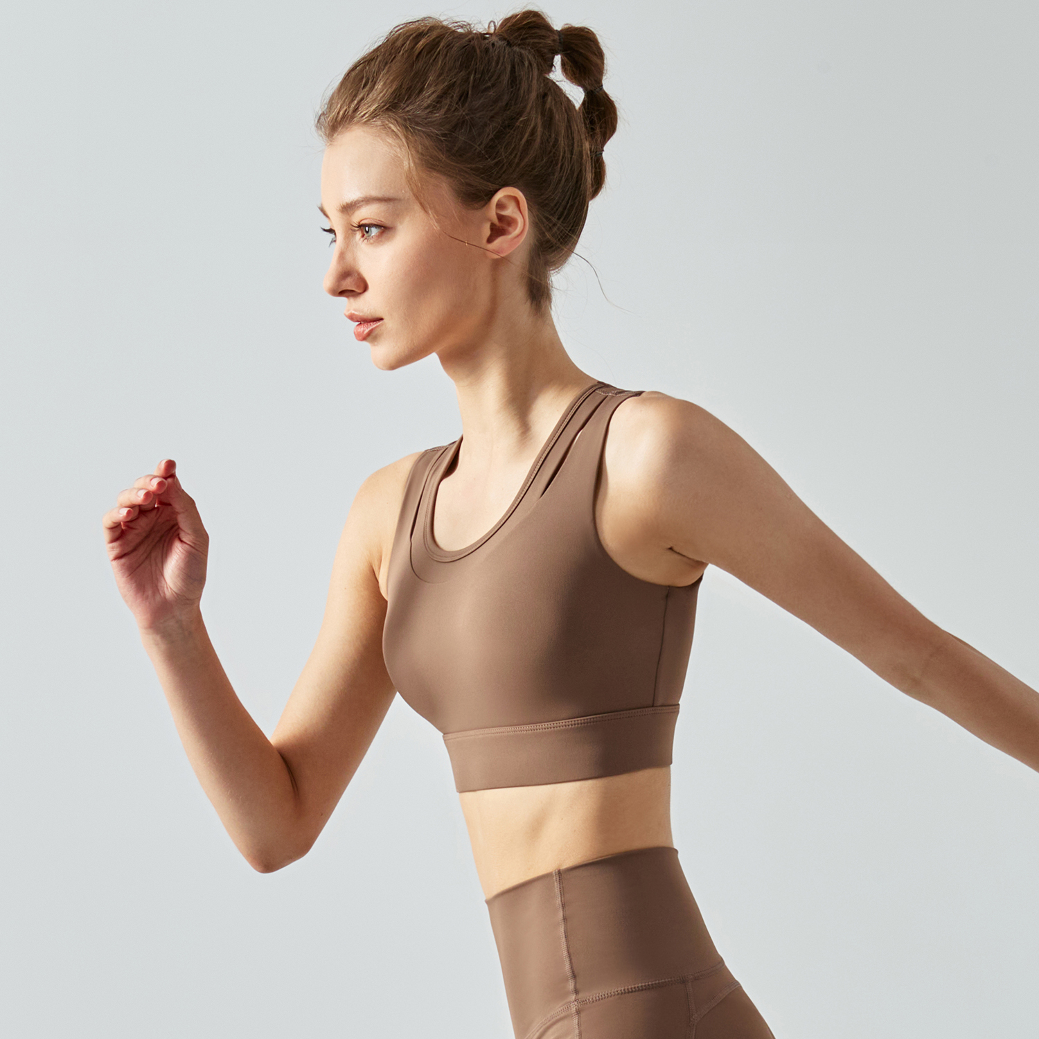 Shop 2 in 1 hollow-out straps high support push up sports bra with removable pads online on Hergymclothing Chocolate