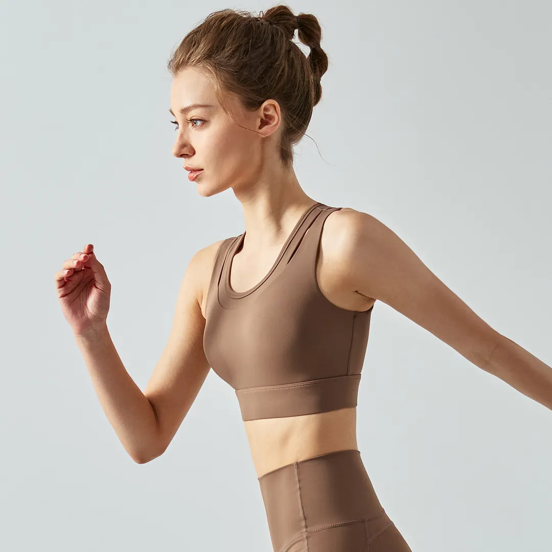 Shop 2 in 1 hollow-out straps high support push up sports bra with removable pads online on Hergymclothing Chocolate