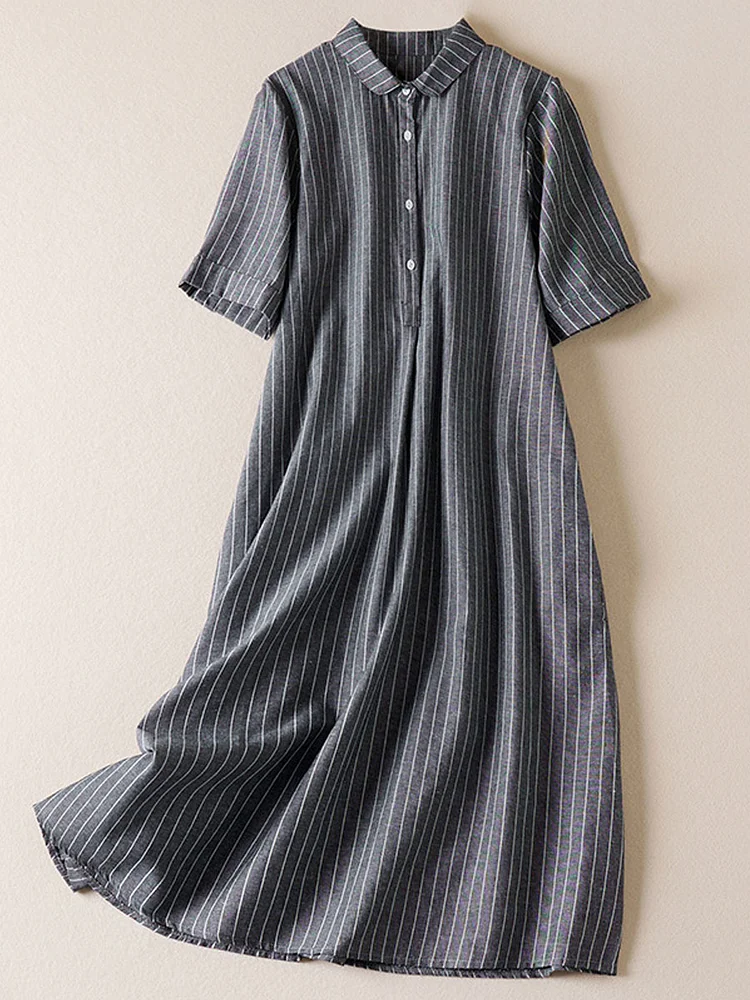Casual Loose Striped Print Short Sleeve Midi Dress socialshop