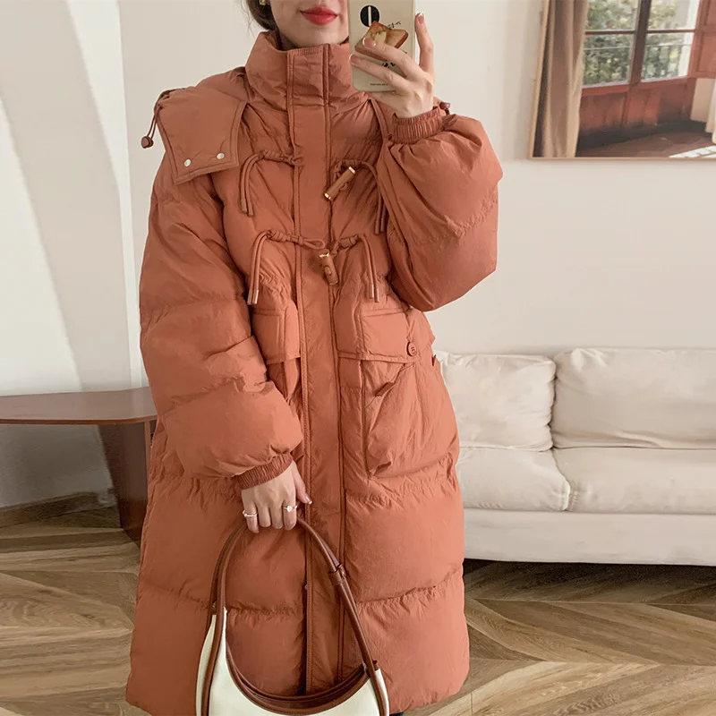 Woherb Korean Sweet Bamboo Buckle Down Jacket Female Long 2024 Winter New Hat Over The Knee Thick Warm Coat-Outfit Ideas