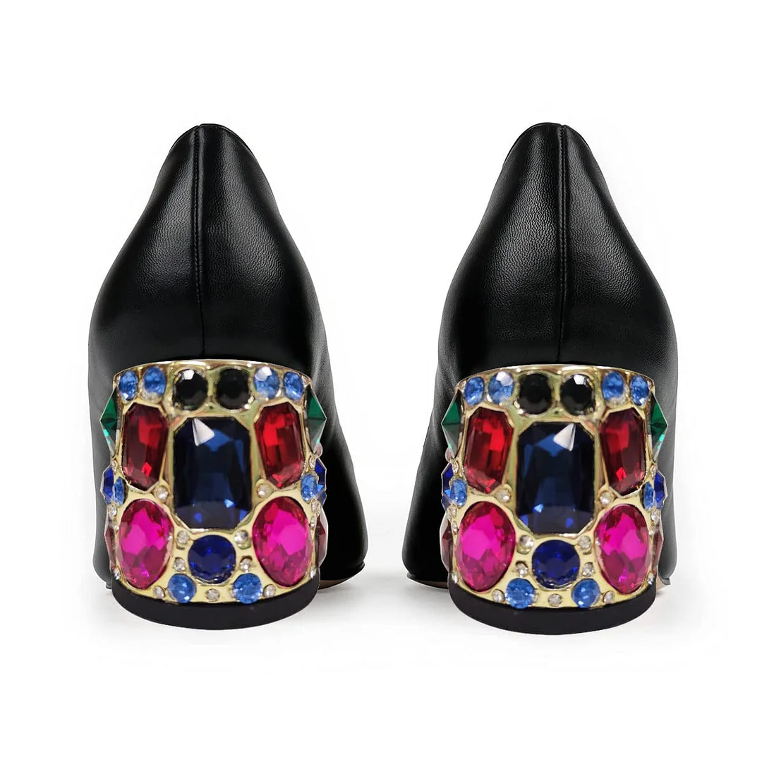 Vegan Leather Pointed Toe Rhinestone Butterfly Decorative Heel Pumps