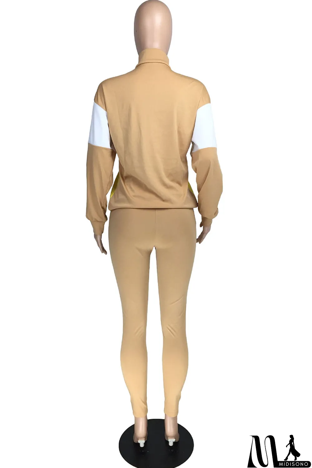 MidiSono - Fluorescent green Casual Striped Print Zippered Split Joint Mandarin Collar Long Sleeve Two Pieces