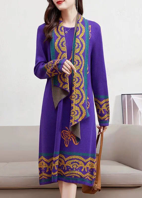 Elegant Purple O-Neck Tops Scarf Dresses Cotton Knit Two Pieces Set Winter