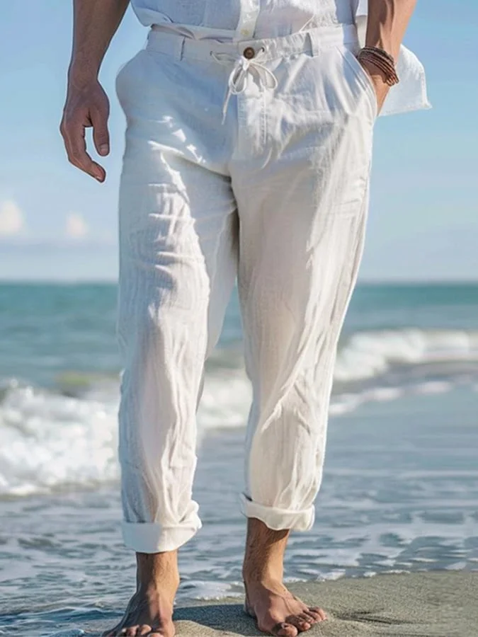 Men's Casual Vintage Cotton And Linen Solid Color Pocket Trousers 