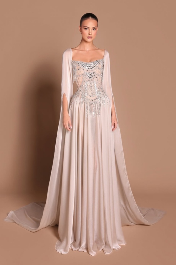 Lussooy Gorgeous Square Neck Long Sleeves Beaded Rhinestone Prom Dress 