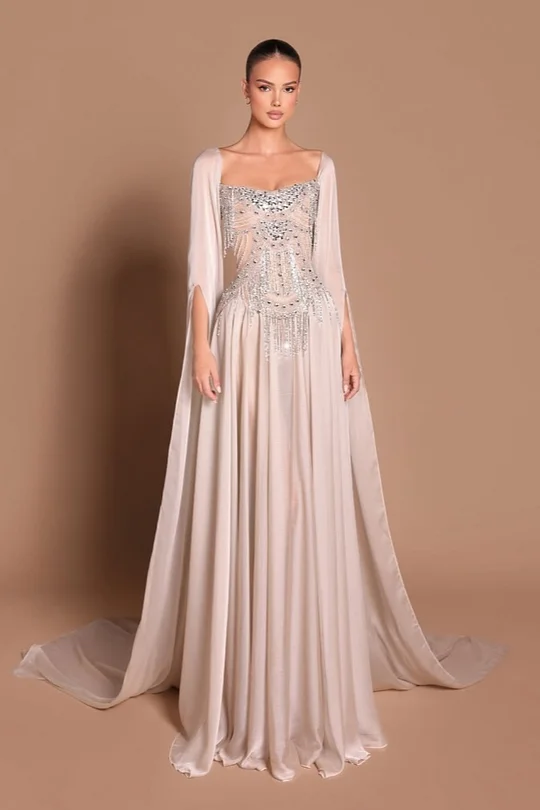 open lace back dress Gradient Pink Long Sleeve Rhinestones Mermaid Prom Dress