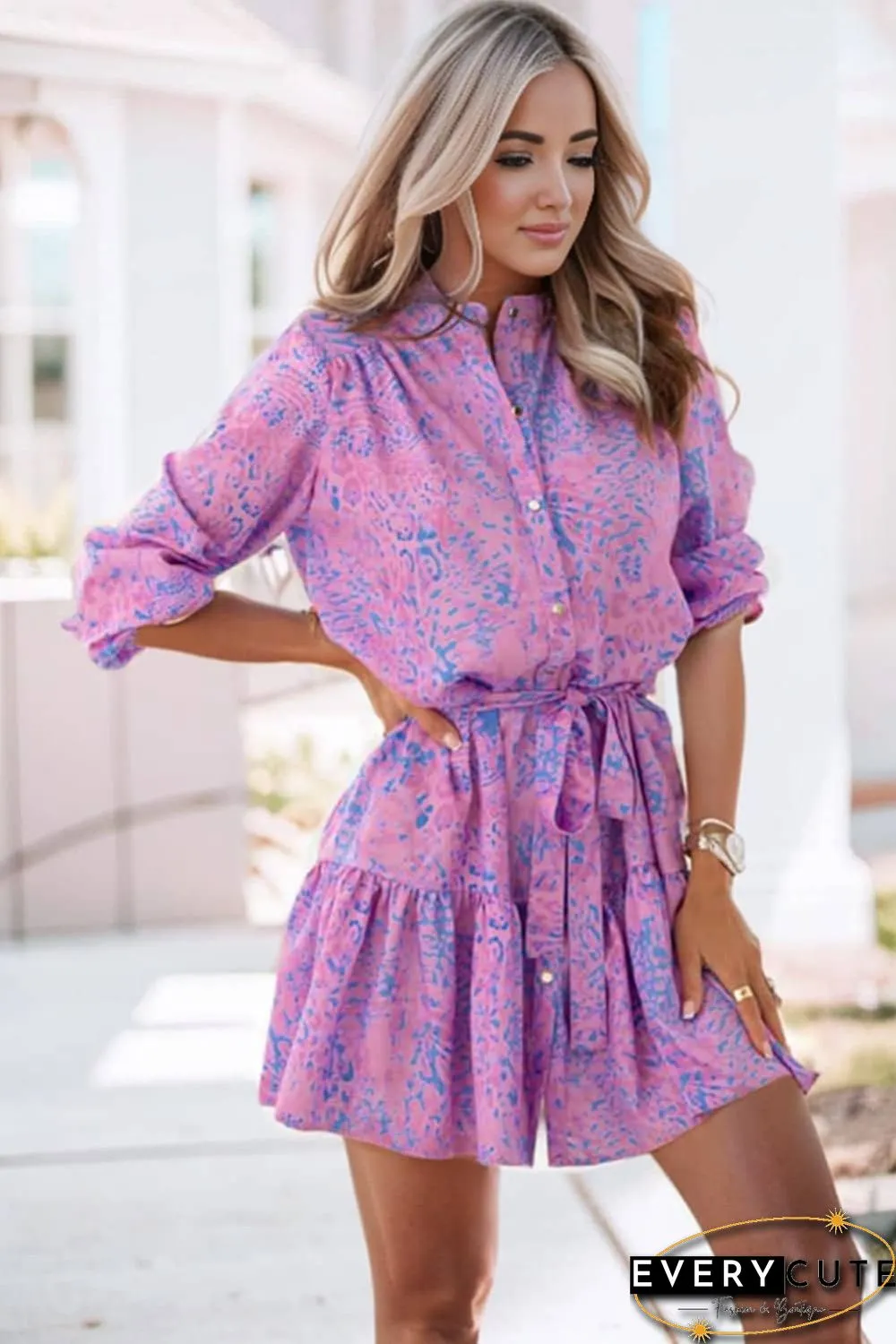 Purple Leopard Print Long Sleeve Shirt Dress
