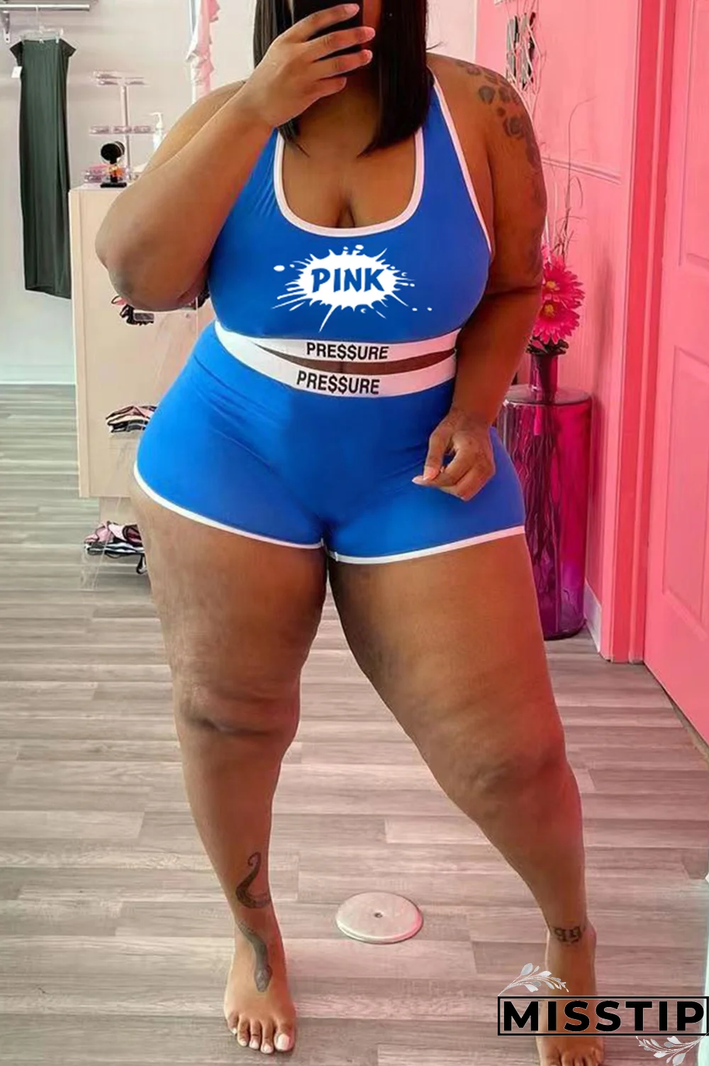 Black Street Print Patchwork U Neck Plus Size Two Pieces