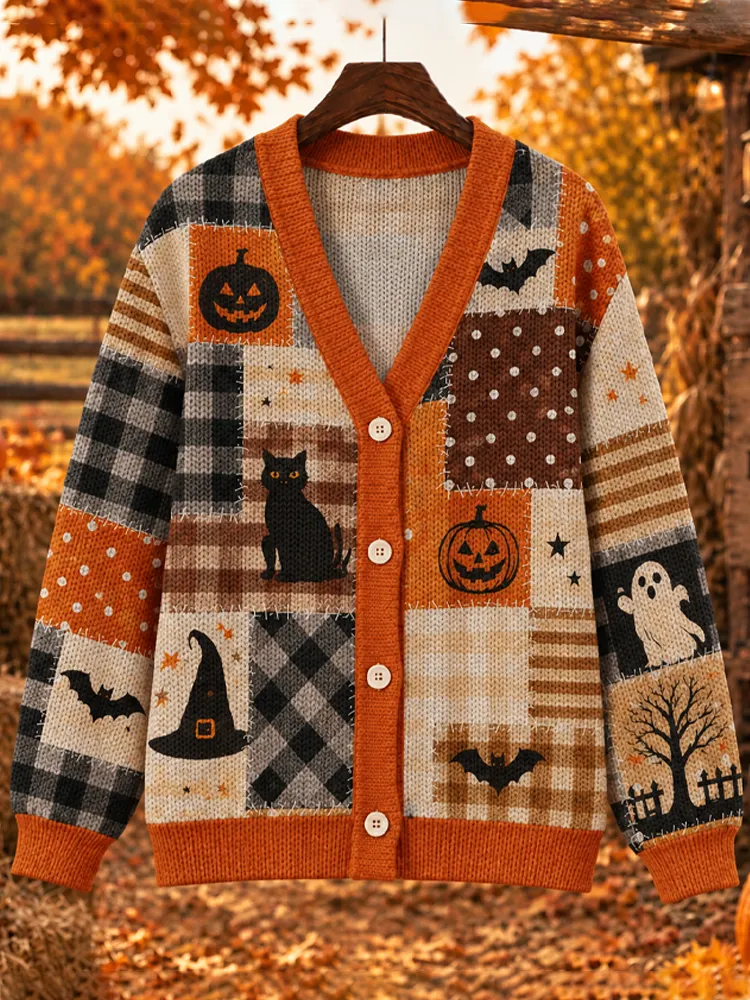 Comstylish Women's Halloween Element Plaid And Stripe Print Sweater Cardigan