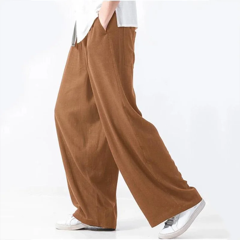 Men's Solid Loose Linen Casual Wide-leg Pants