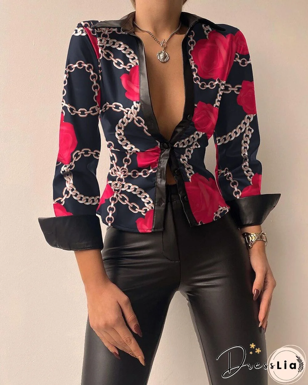 Spring Long-sleeved V-neck PU Leather Stitching Women's Leather Jacket Soldi Color Print Slim Coat Jackets For Women