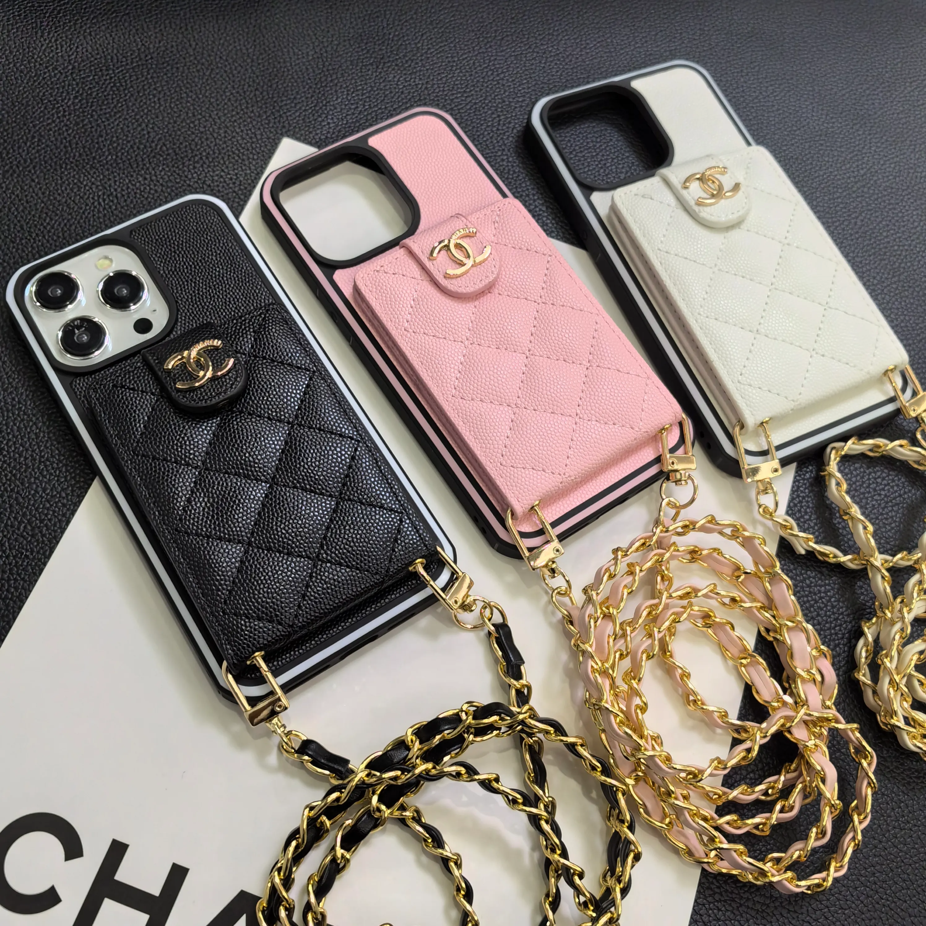 Luxurious Lambskin Chanel Button Card Holder iPhone Case Crossbody