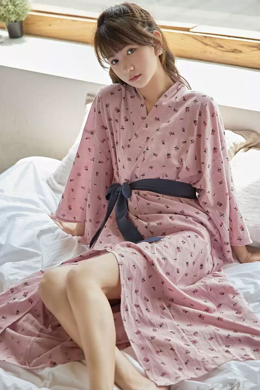 Kimono Robe Pink 100% Cotton with Floral Print - はなみちまつり Stupa Stones