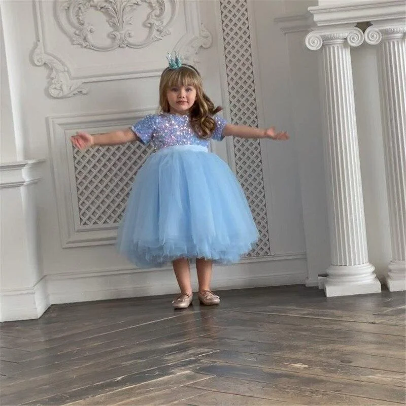 Summer Girl Dress Birthday Party Princess Dress Baby Kids Clothes Children Sequins Gown Tutu Tulle Flower Girl Wedding Dresses