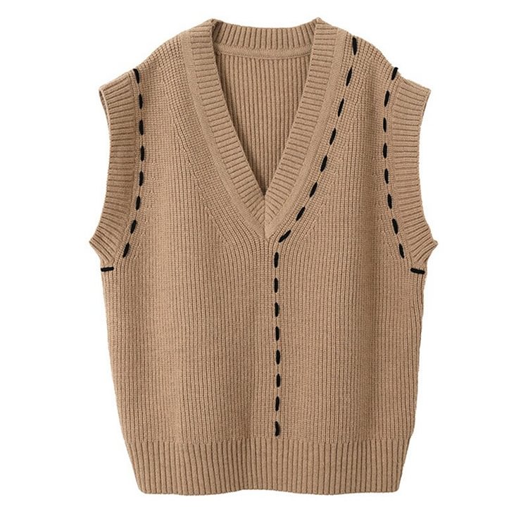 Chic Loose V-neck Topstitched Decor Knitted Vest