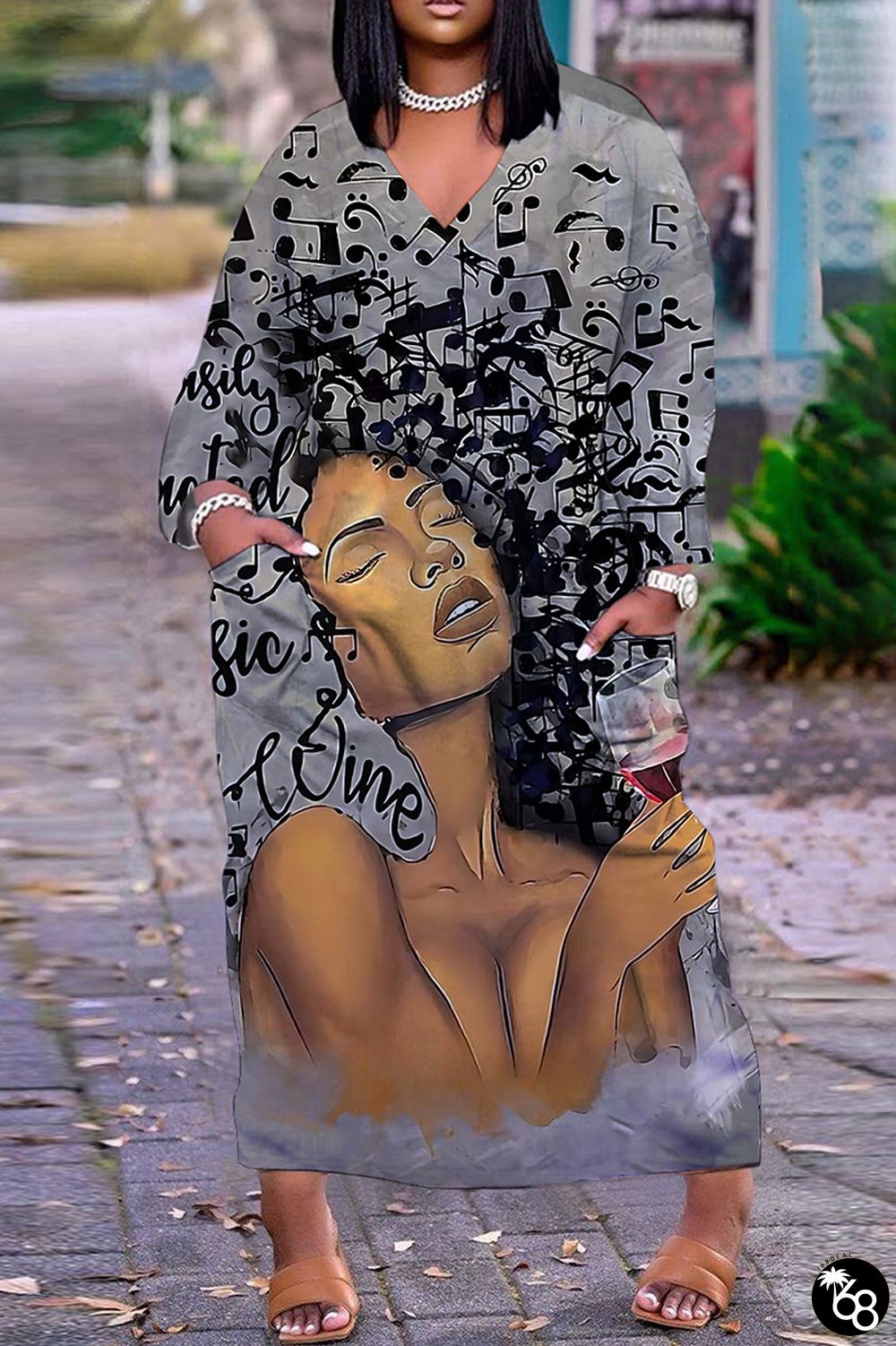 Light Gray Casual Print Patchwork V Neck Long Sleeve Dresses | 168DEAL