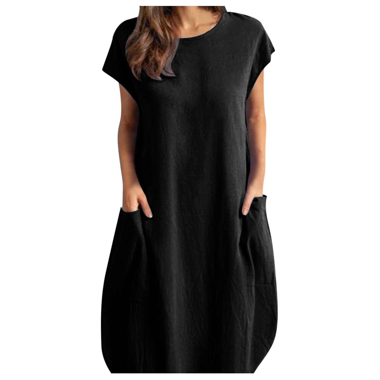 Women O-neck Short Sleeve Mid-Calf Loose Casual Dress