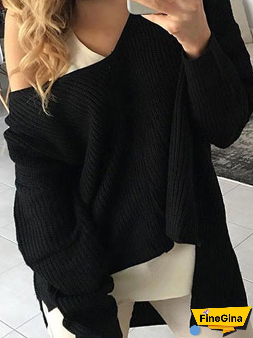 Loose V-neck Solid Color Knitted Sweater