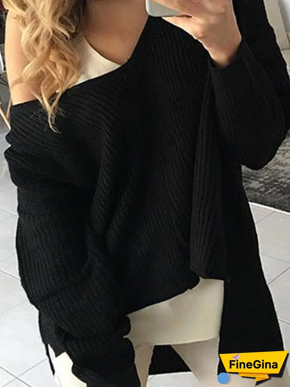 Loose V-neck Solid Color Knitted Sweater