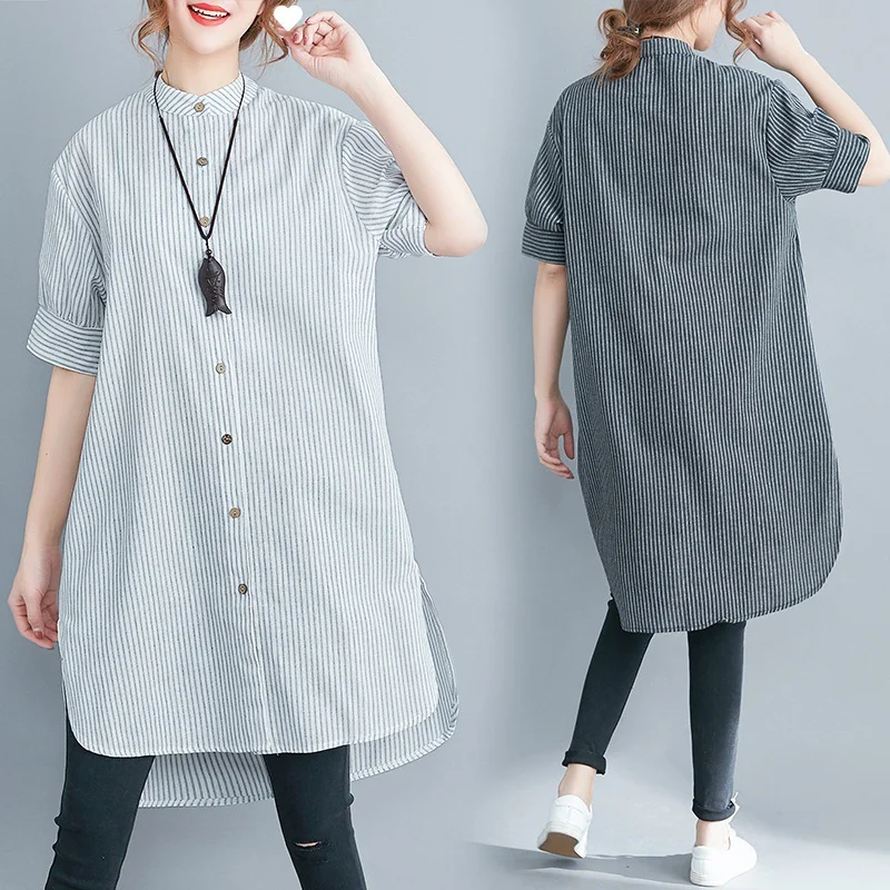 Uveng Uveng Summer New Cotton Lint Style Loose Large-Size Striped Shirt Women Long-Term Collar Shirt