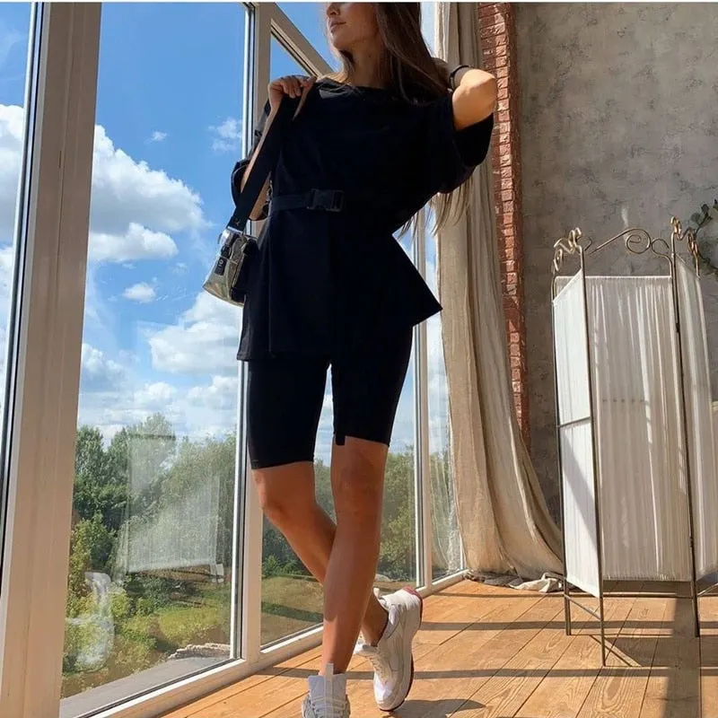 Casual solid new women's two piece suit including belt solid color home loose sports fashion leisure suit summer couples wear