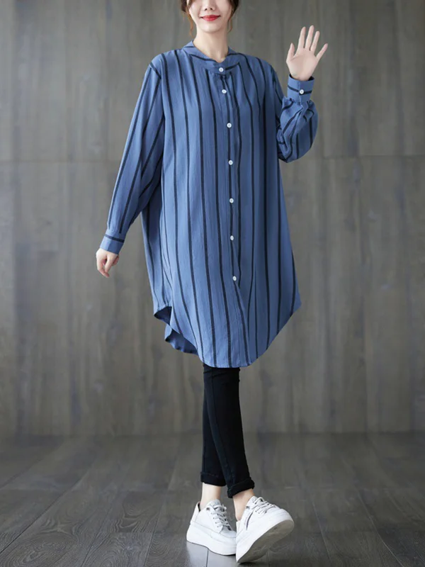 Striped Buttoned Loose Long Sleeves Blouses&Shirts Tops