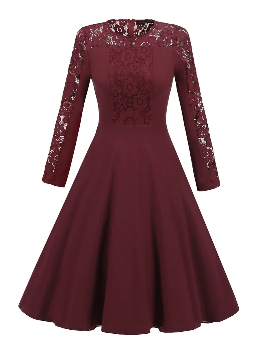 Elegant Solid Color Long Sleeve Stitching Lace Dress