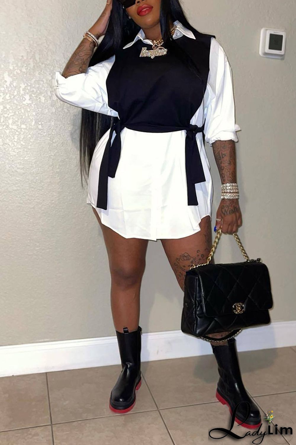 Light Blue Casual Simplicity Solid Patchwork Buckle Turndown Collar Long Sleeve Two Pieces