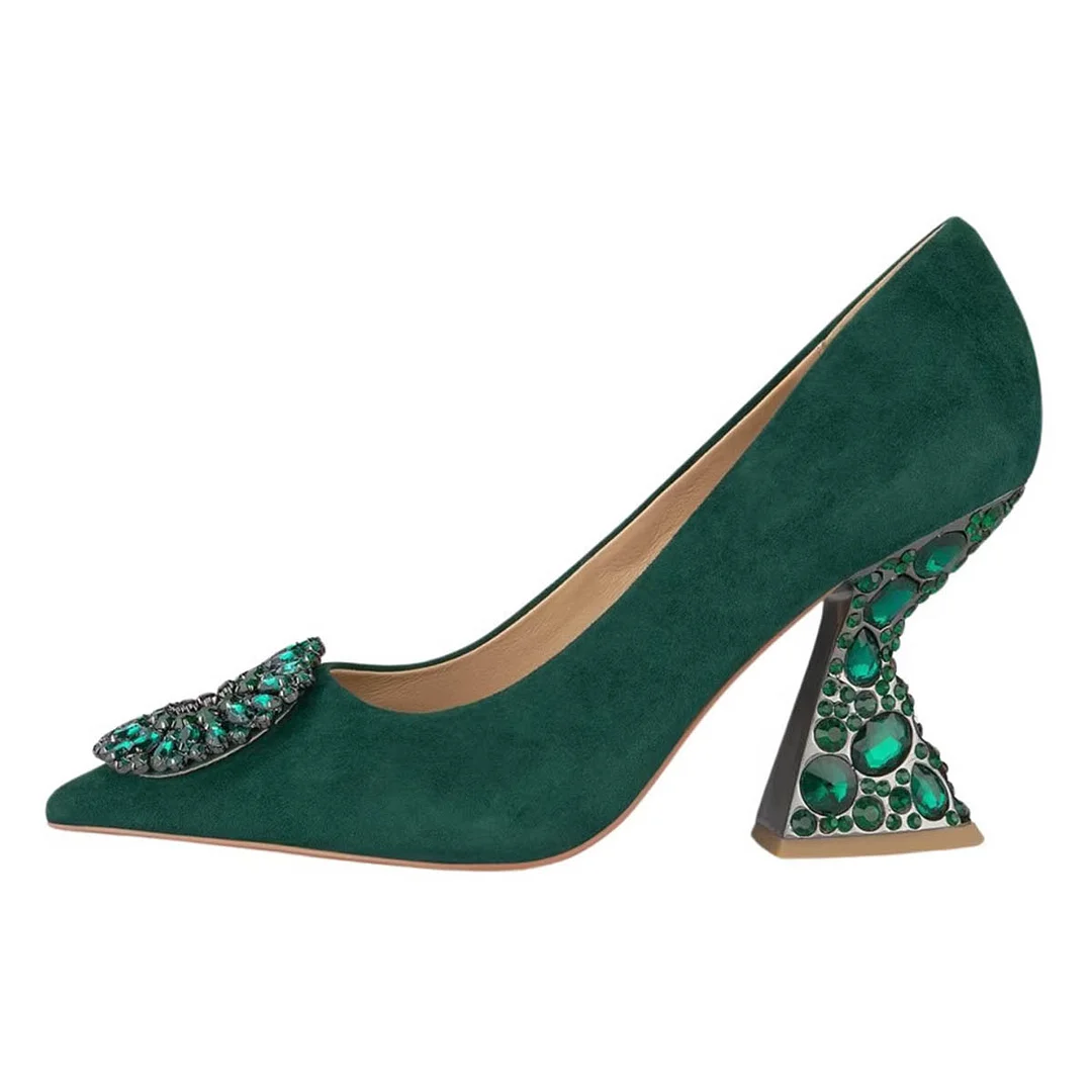 Leopard Faux Suede Pointed Rhinestone Embellished Decorative Heels