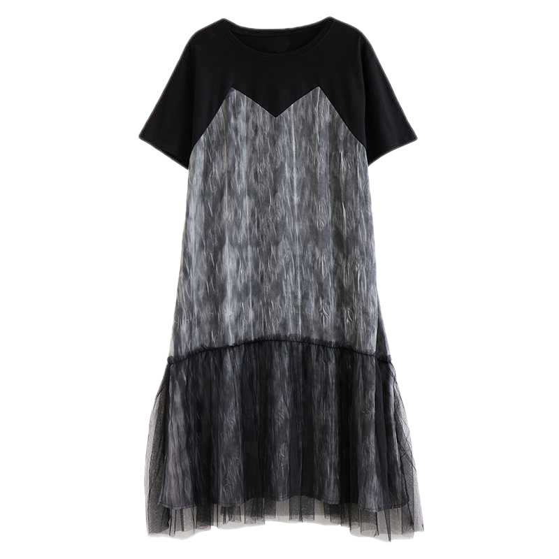 Literary Mesh Splicing Short Sleeve Midi Dress