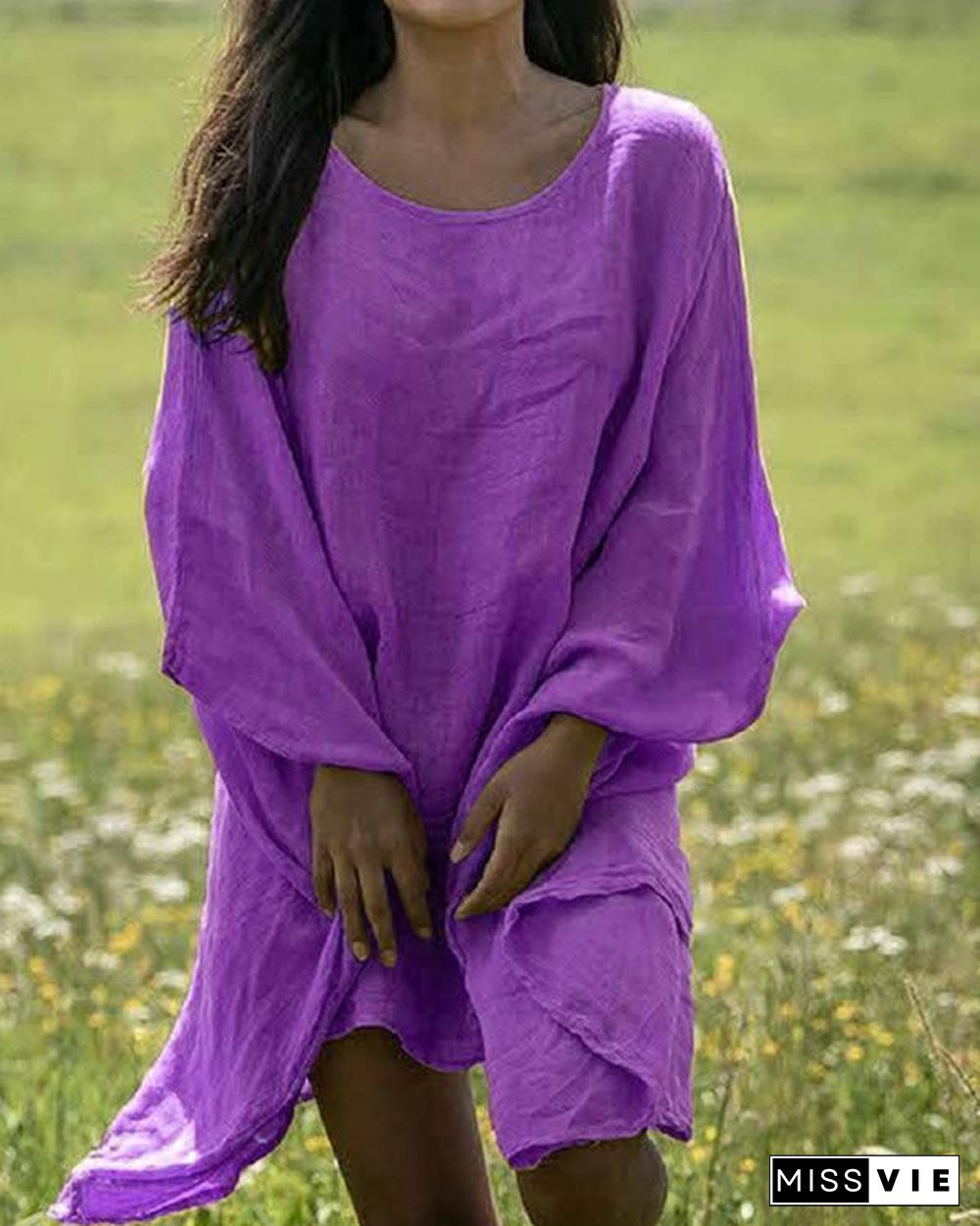 Solid Crew Neck 3/4 Sleeve Casual Shift Dresses