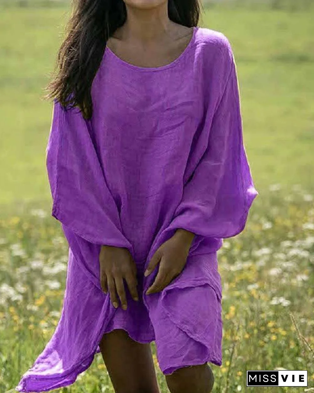 Solid Crew Neck 3/4 Sleeve Casual Shift Dresses