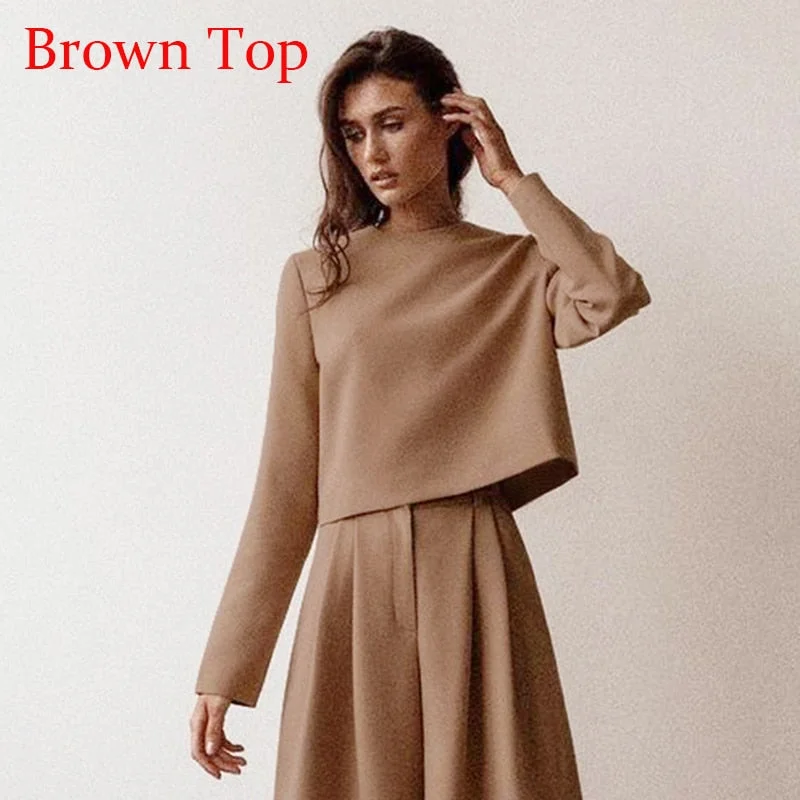 OOTN Casual Solid Blouse Long Sleeve Shirt Women Elegant Khaki Tops And Pants Female O Neck Brown Blouses Spring Summer 2021