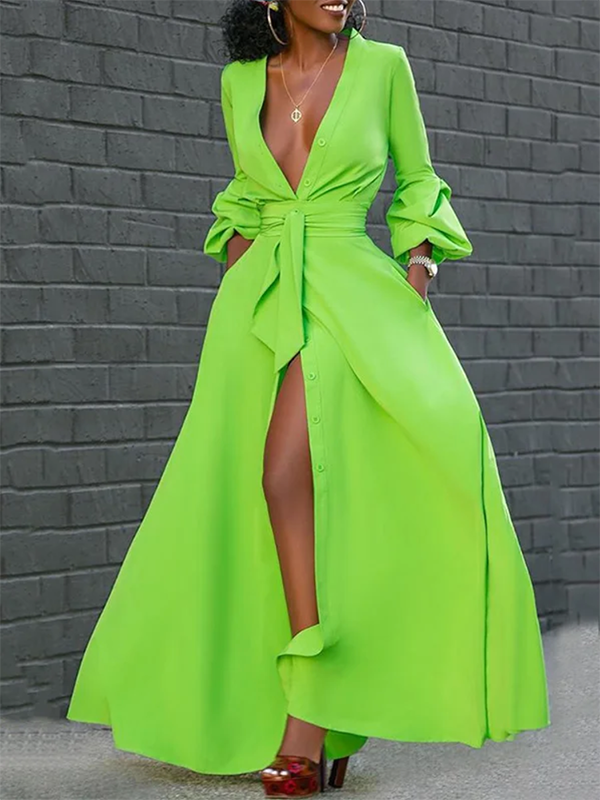 Puff Long Sleeves Buttoned Pure Color Deep V-Neck Maxi Shirt Dresses