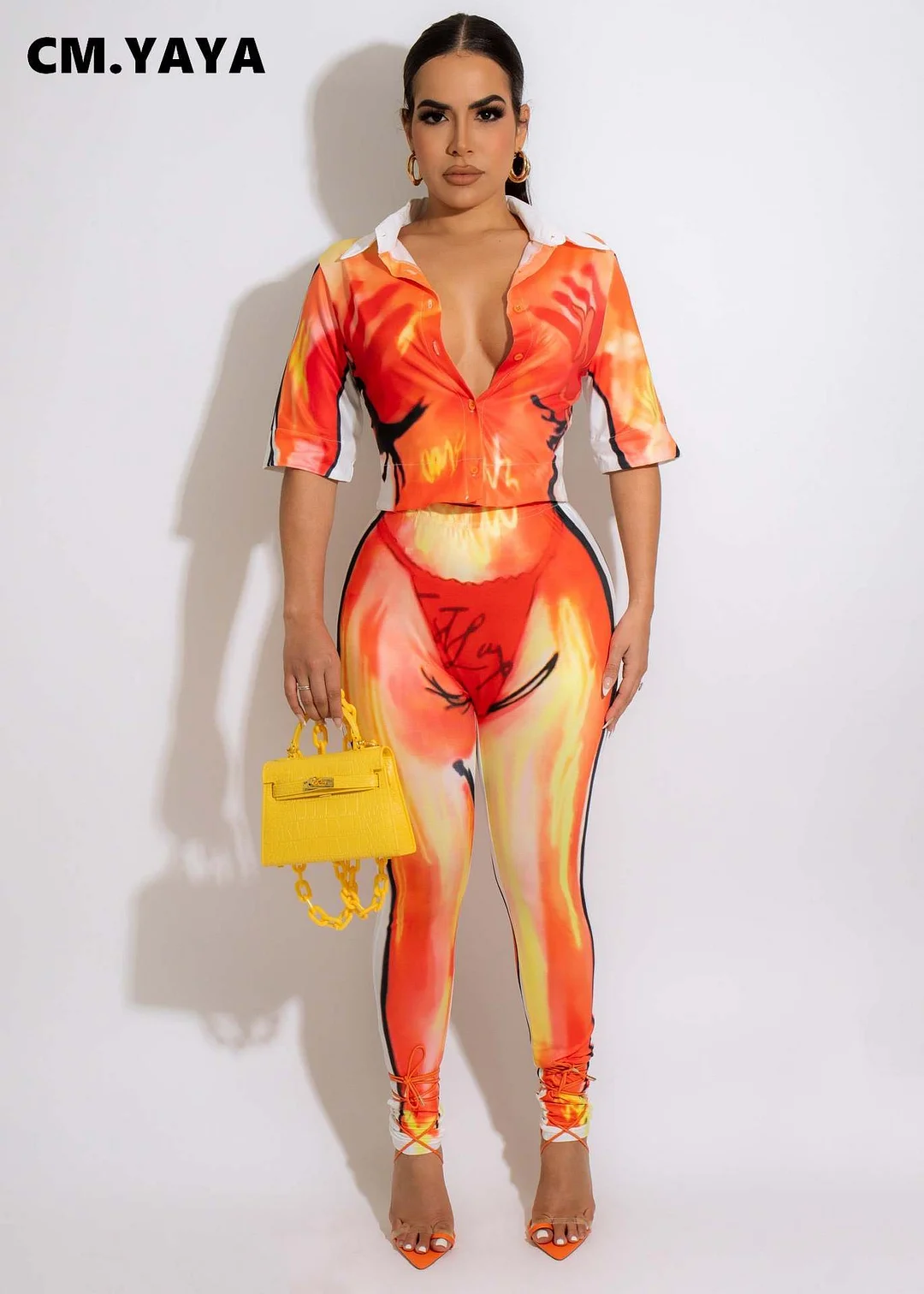 CM.YAYA Elegant Human Body Women's Set Shirt and Leggings Pants Sexy Tracksuit Two 2 Piece Set Fitness Outfit 2022 Sweatsuit