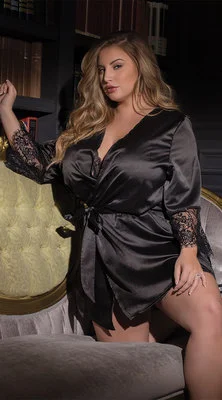 Woherb Woherb Lace Plus Size V Tie Bathrobe Lace Lattice Loose Pajamas-Outfit Ideas