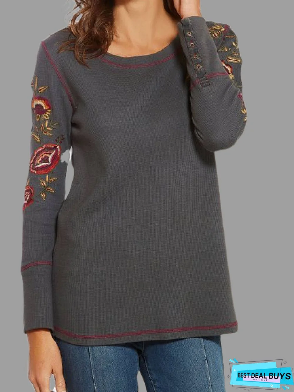 Long Sleeve Round Neck Casual Cotton-Blend Tunic T-Shirt