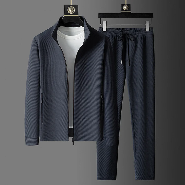 Men's Casual Stand Collar Zipper Coat & Pants 2 Pcs Set