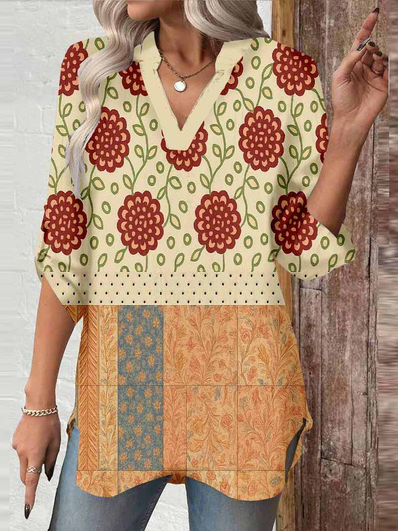 Women Bohemian,Beige,Orange DZGA0292 3/4 Sleeve V-neck Printed Graphic Button Tops