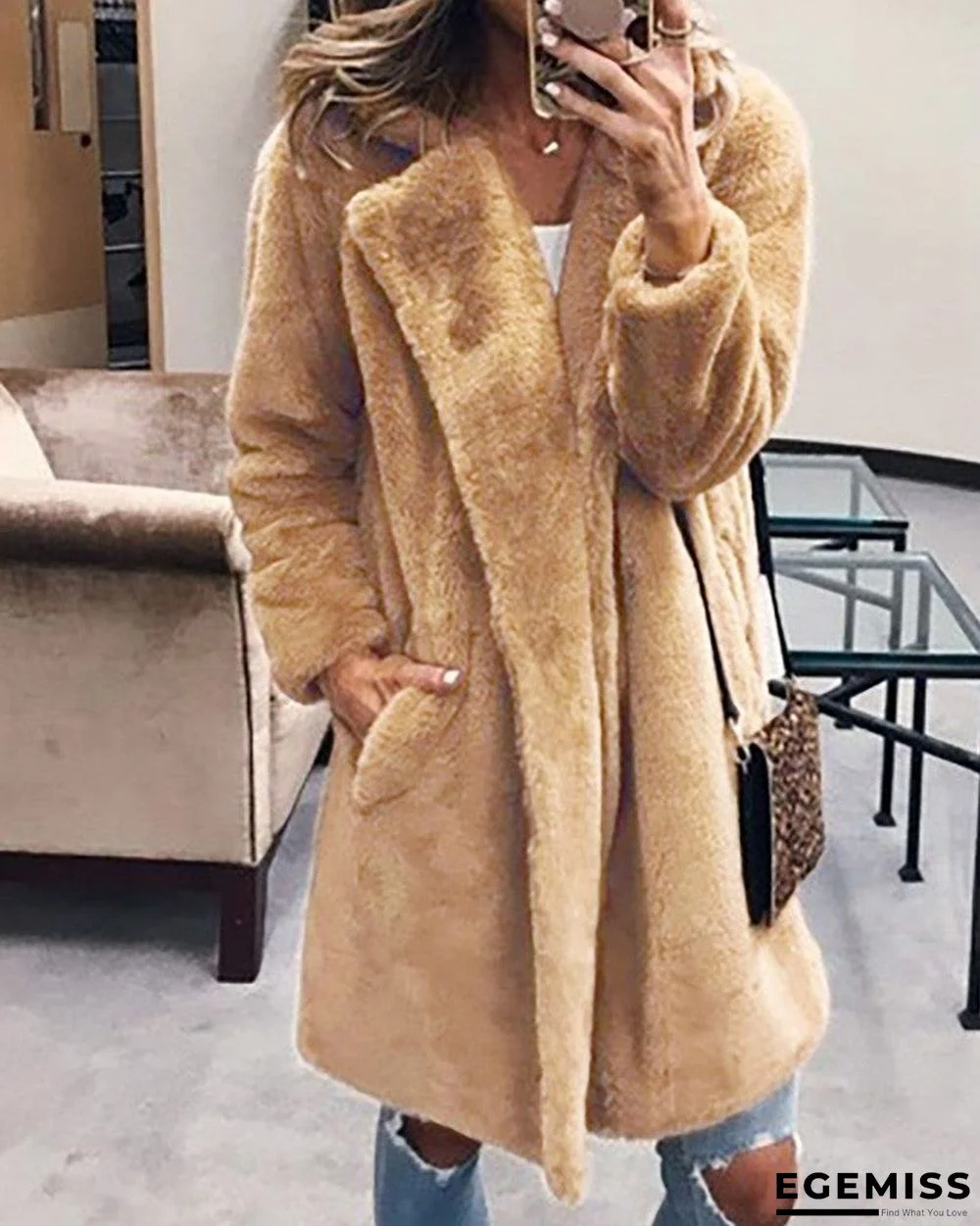 Pocket Design Long Sleeve Faux Fur Coat | EGEMISS