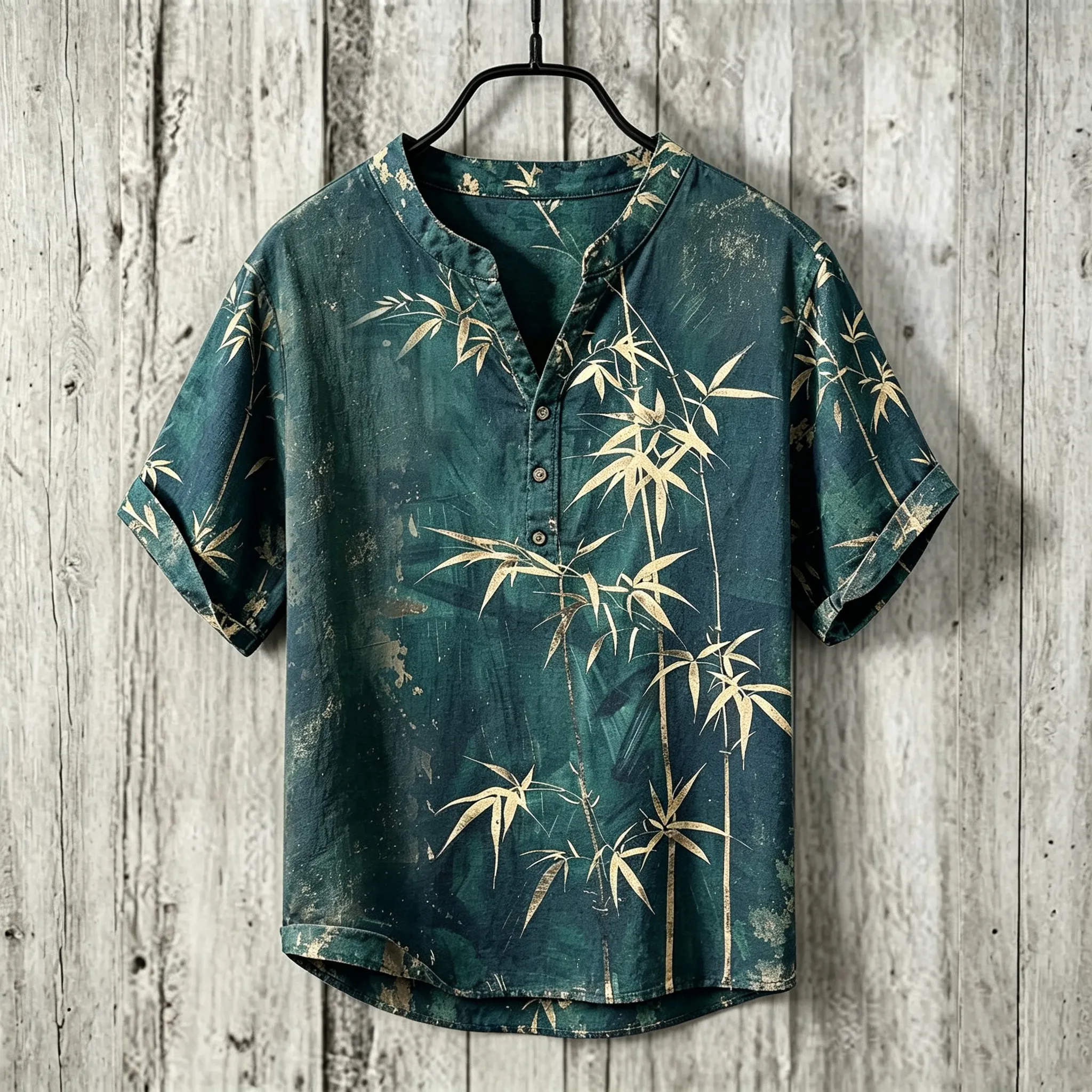 Comstylish Men's Retro Japanese Bamboo Print Cotton Linen Top